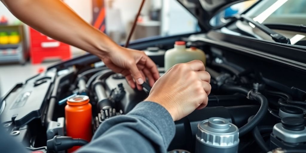 Person travaillant sur un moteur de voiture.